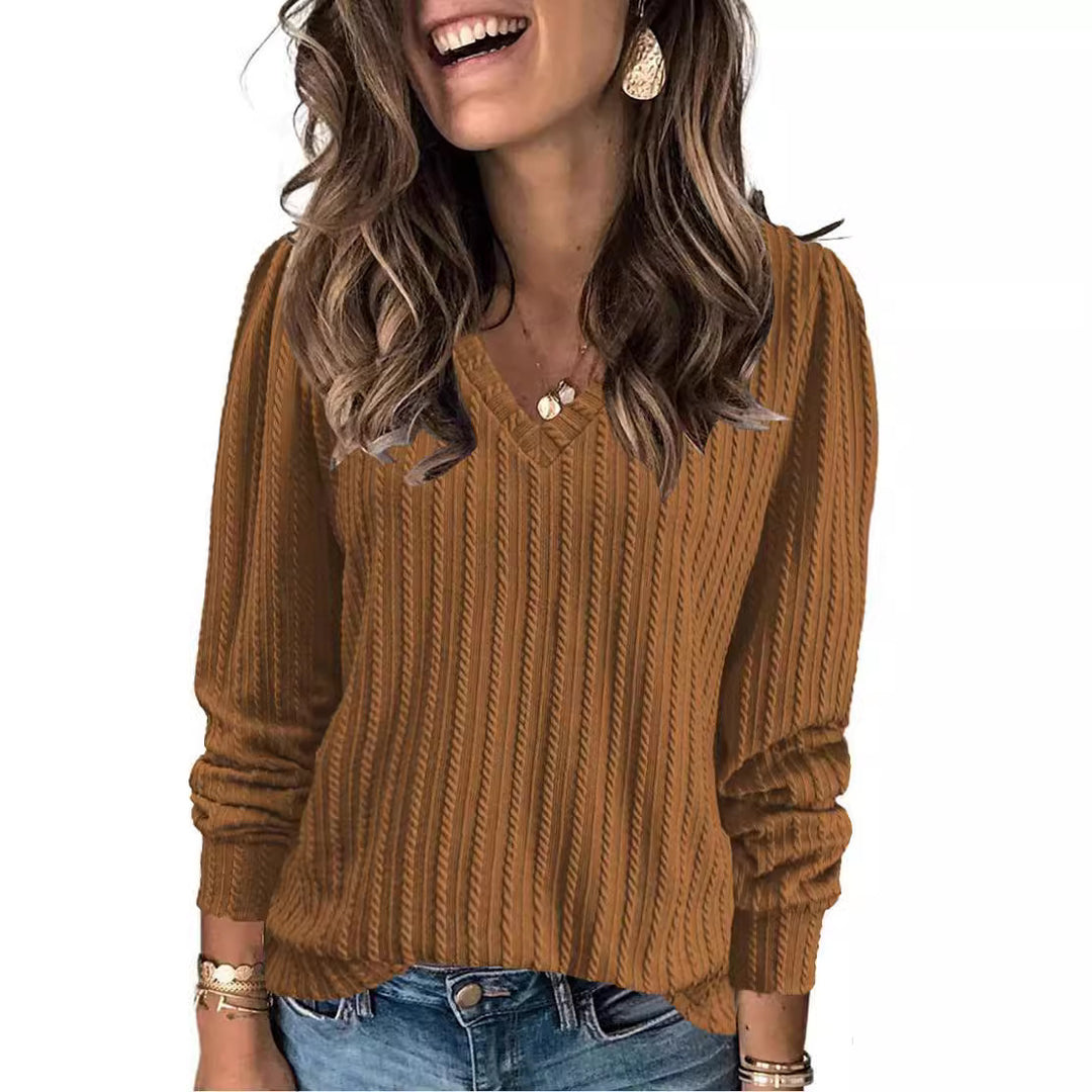 Damen Feinstrick-Langarmshirt mit V‑Ausschnitt und Zopfmuster Shop Nory