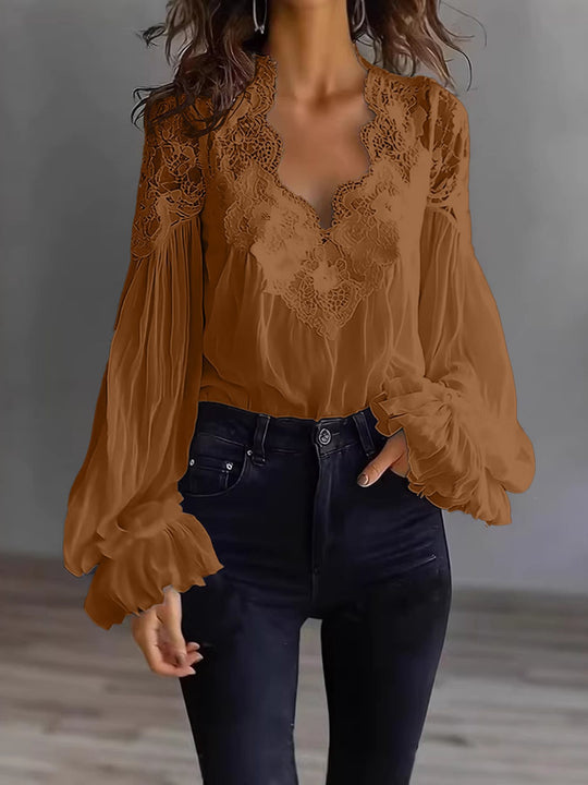 Damen Chiffon-Bluse mit Spitzen-V-Ausschnitt und weiten Plissee-Ärmeln Shop Nory