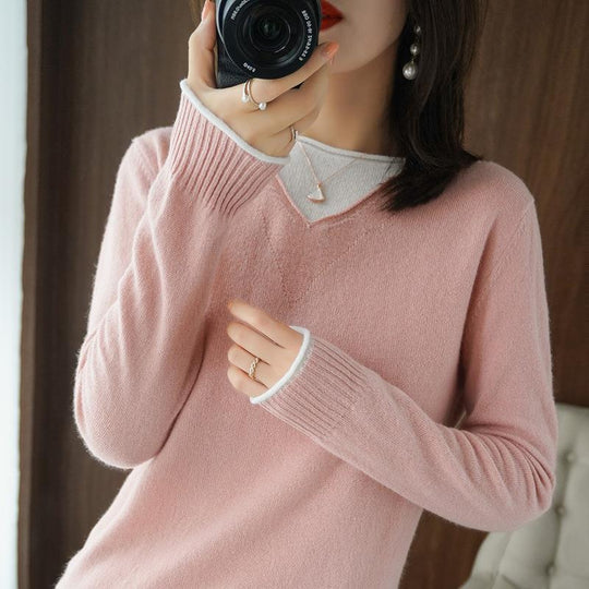 Damen Weicher V‑Ausschnitt-Pullover aus Kaschmir‑Look mit kontrastierter Kantenverzierung Shop Nory