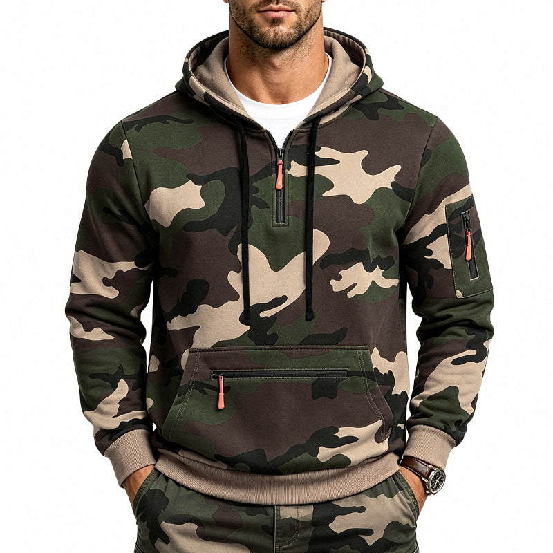 Herren Kapuzenpullover mit Tarnmuster, Reißverschlusstaschen und Kängurutasche Shop Nory