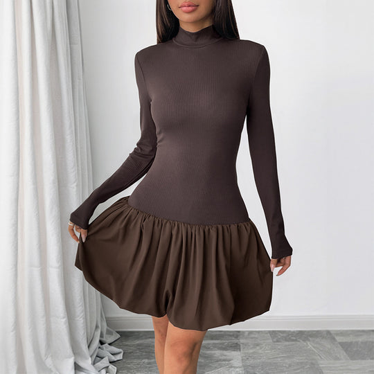 Damen Langes Kleid mit Rüschen- und Rollkragen Shop Nory