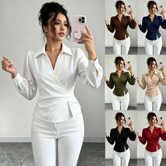 Damen Wickelbluse mit Taillenraffung, Hemdkragen und Ballonärmeln Shop Nory