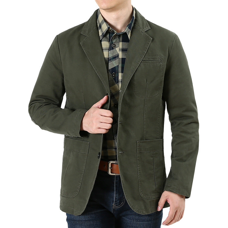 Herren Casual-Leinenblazer im Worker-Blousonstil mit Hemdkragen, aufgesetzten Pattentaschen und gestreiftem Innenfutter Shop Nory