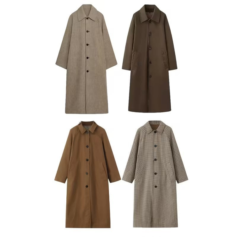 Damen langer minimalistischer Trenchcoat mit kariertem Innenfutter Shop Nory