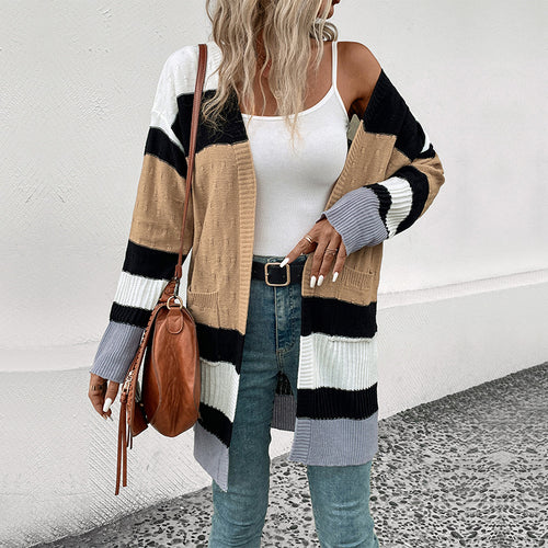 Damen Langer Gestreifter Strickcardigan mit aufgesetzten Taschen und offener Front Shop Nory