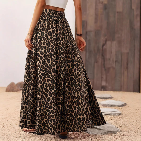 Damen Maxi-Rock mit elastischem Bund und Leopardenmuster
