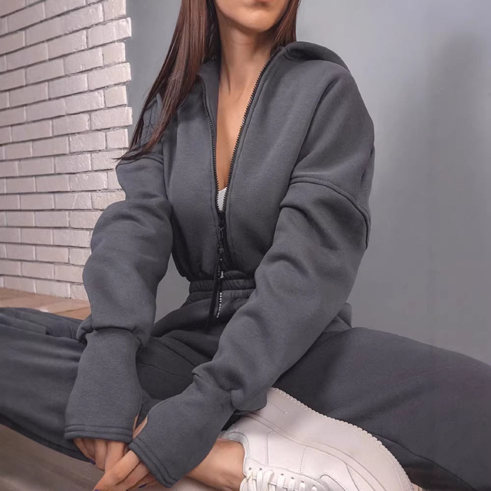 Damen Taillierter Kapuzen-Sweat-Jumpsuit mit Reißverschluss und elastischem Taillenbund Shop Nory