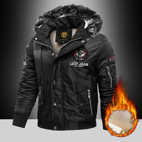 Herren Gepolsterte Bomberjacke mit Teddyfutter, Kunstfellkapuze und Abzeichen Shop Nory