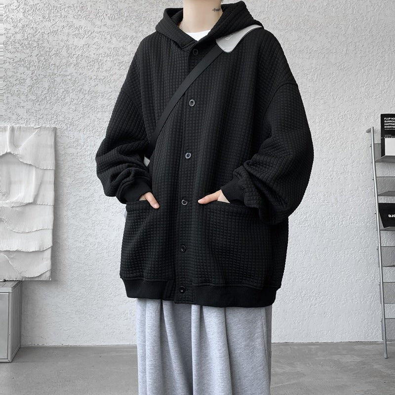 Herren Oversize-Stepp-Kapuzenjacke mit Waffelstruktur, Knopfleiste und Eingrifftaschen Shop Nory