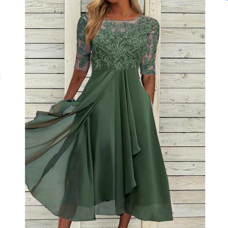Damen nan V-Ausschnitt Chiffon-Midikleid mit besticktem Bustier, transparenten dreiviertel-Ärmeln und asymmetrischem Lagenrock