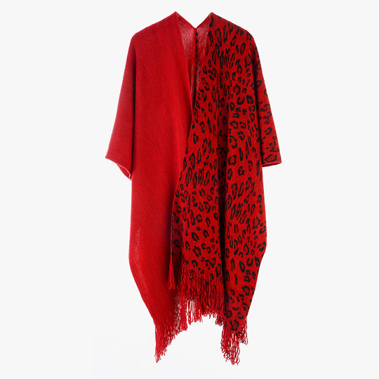 Damen Zweifarbiger Wollmix-Mantelponcho im Kimono-Schnitt mit Animal-Jacquard und Fransensaum Shop Nory