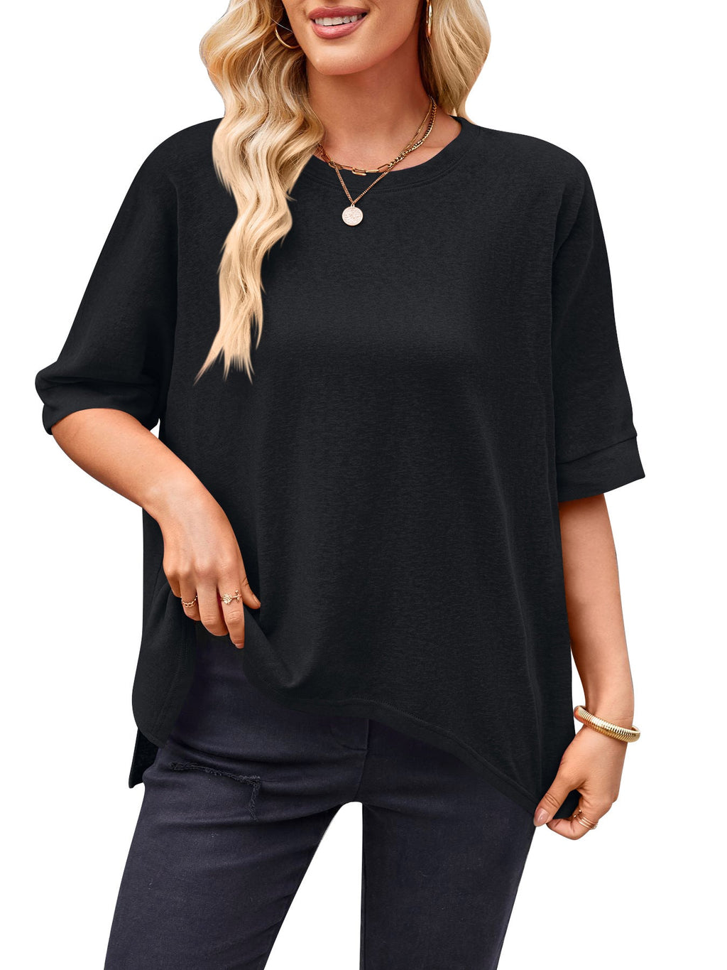 Damen lässiges Oversized T-Shirt mit seitlichen Schlitzen und umgeschlagenen Ärmeln