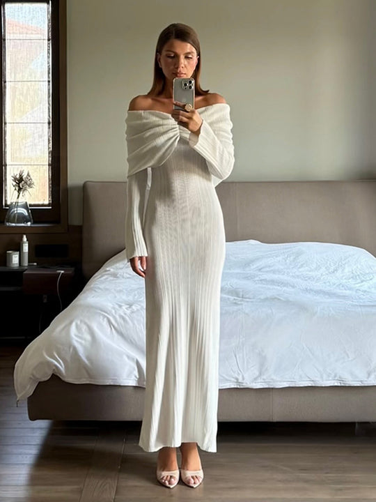 Damen Schulterfreies Maxikleid aus geripptem Feinstrick mit drapiertem Carmen‑Ausschnitt und figurnaher Silhouette Shop Nory