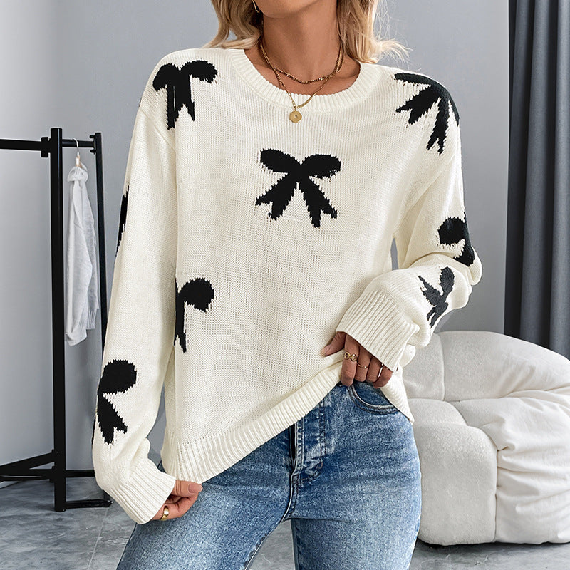 Damen Feinstrick-Pullover mit Schleifen-Jacquard, Rundhalsausschnitt und gerippten Bündchen Shop Nory