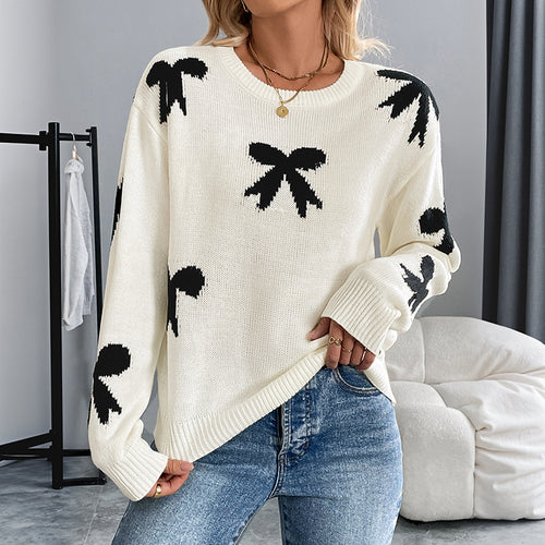 Damen Feinstrick-Pullover mit Schleifen-Jacquard, Rundhalsausschnitt und gerippten Bündchen Shop Nory