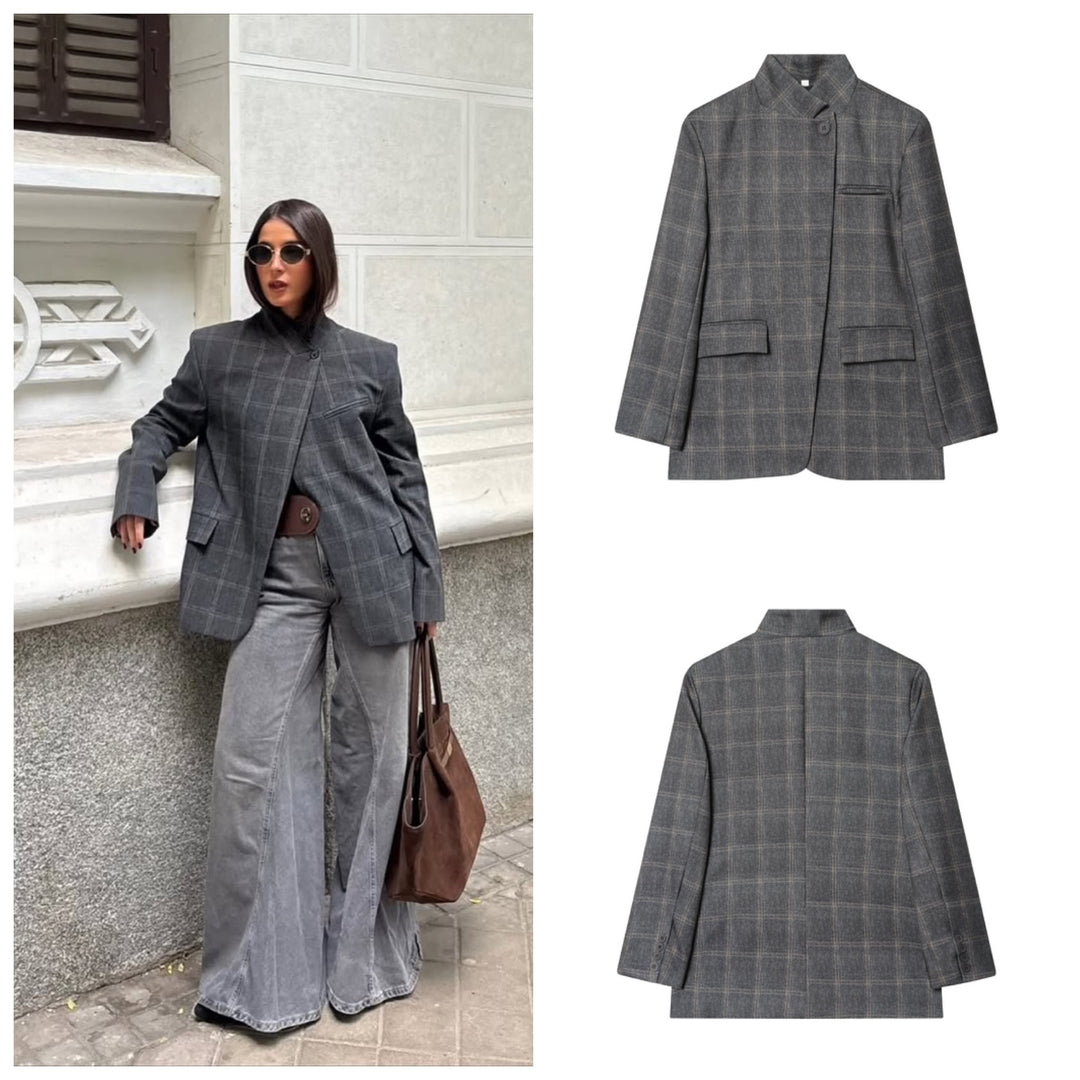 Damen taillierter Karoblazer mit Stehkragen, verdeckter Knopfleiste und Pattentaschen Shop Nory