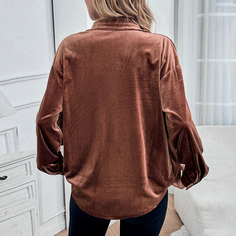 Damen Velours-Hemdbluse mit Brusttasche und klassischem Kragen Shop Nory