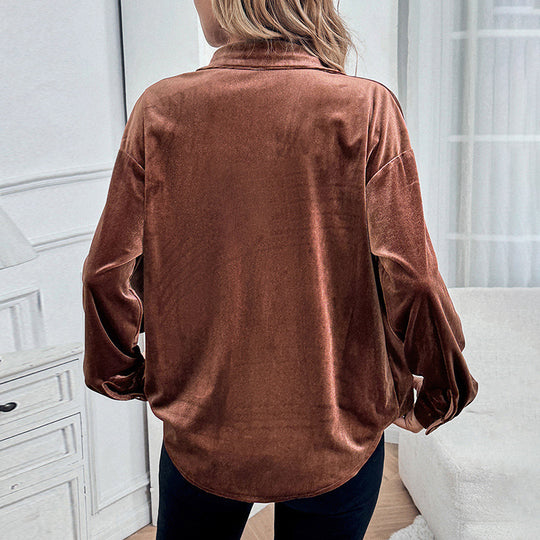 Damen Velours-Hemdbluse mit Brusttasche und klassischem Kragen Shop Nory