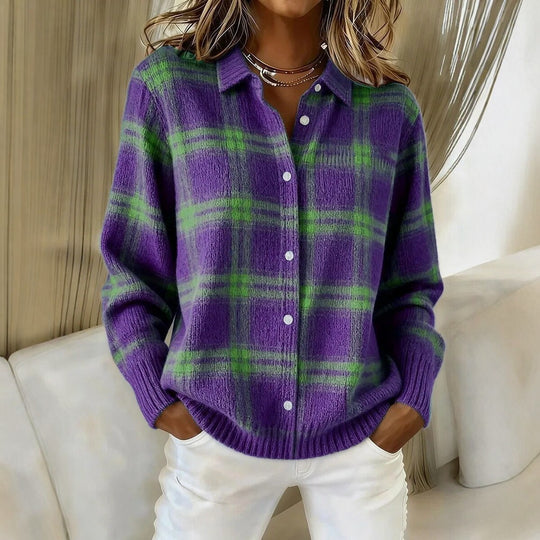 Damen Kariertes Strick-Hemdjacke-Cardigan mit Hemdkragen und gerippten Bündchen Shop Nory