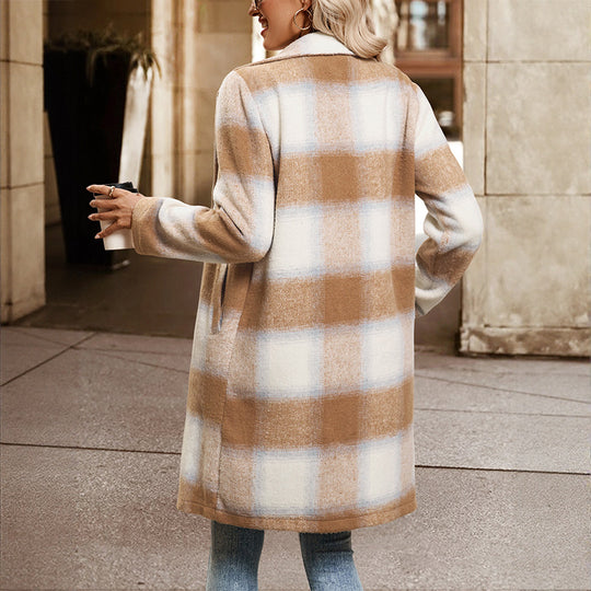 Damen Zweireihiger Wollmix-Mantel mit Oversize-Karos, Reverskragen und Eingrifftaschen Shop Nory
