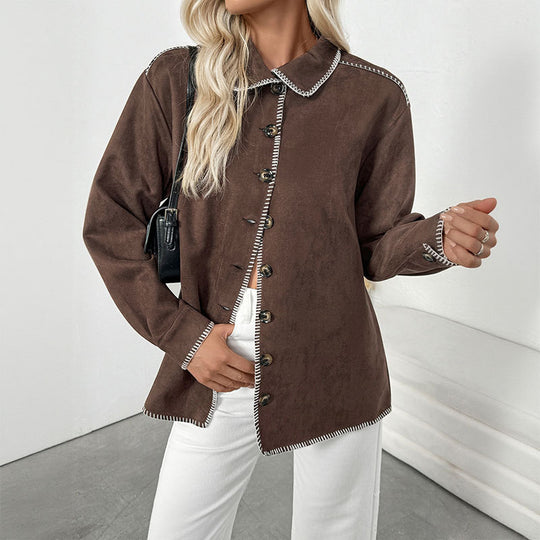 Damen Oversized Hemdjacke aus Velours mit Zierstickerei und Knopfleiste Shop Nory