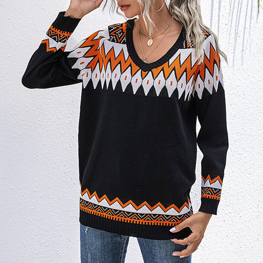 Damen Oversize Strickpullover mit geometrischem Aztekenmuster und asymmetrischem schulterfreiem Ausschnitt Shop Nory
