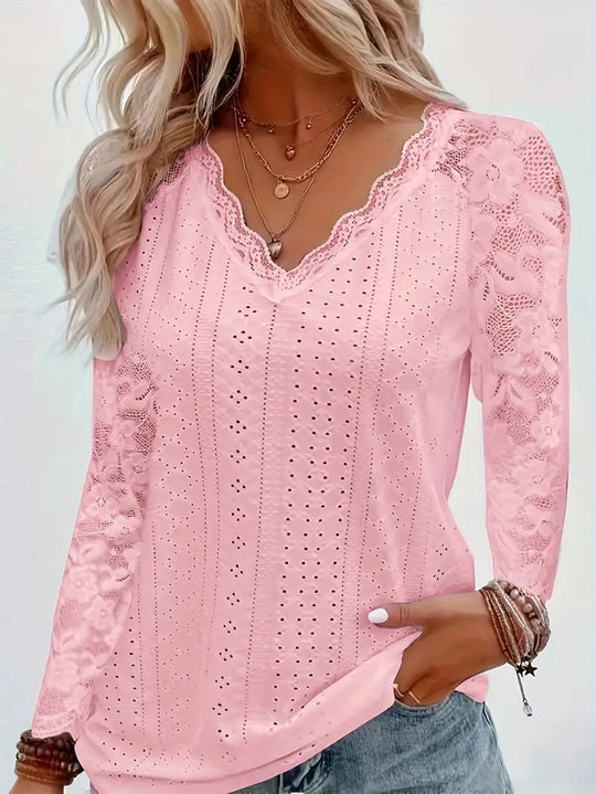 Damen Langarmbluse aus Lochstickerei mit Spitzen‑V‑Ausschnitt und floralem Netzärmel Shop Nory