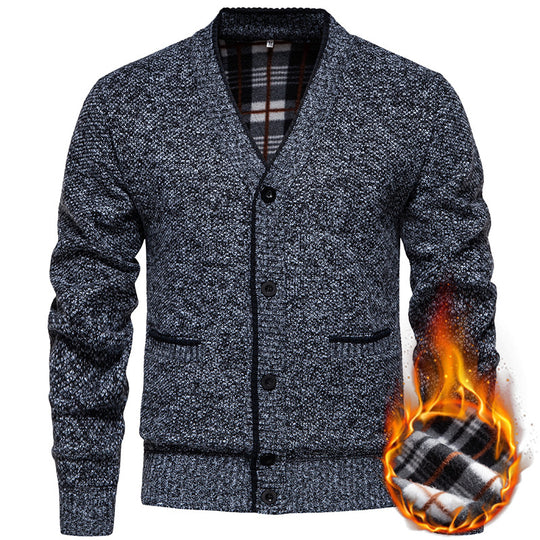 Herren Strukturierter V-Ausschnitt Strickcardigan mit kontrastierter Kante und kariertem Innenbesatz Shop Nory