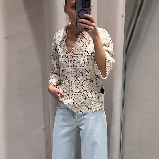 Damen Gehäkelte Bluse mit floralem Ajourmuster und dreiviertel Ärmeln Shop Nory