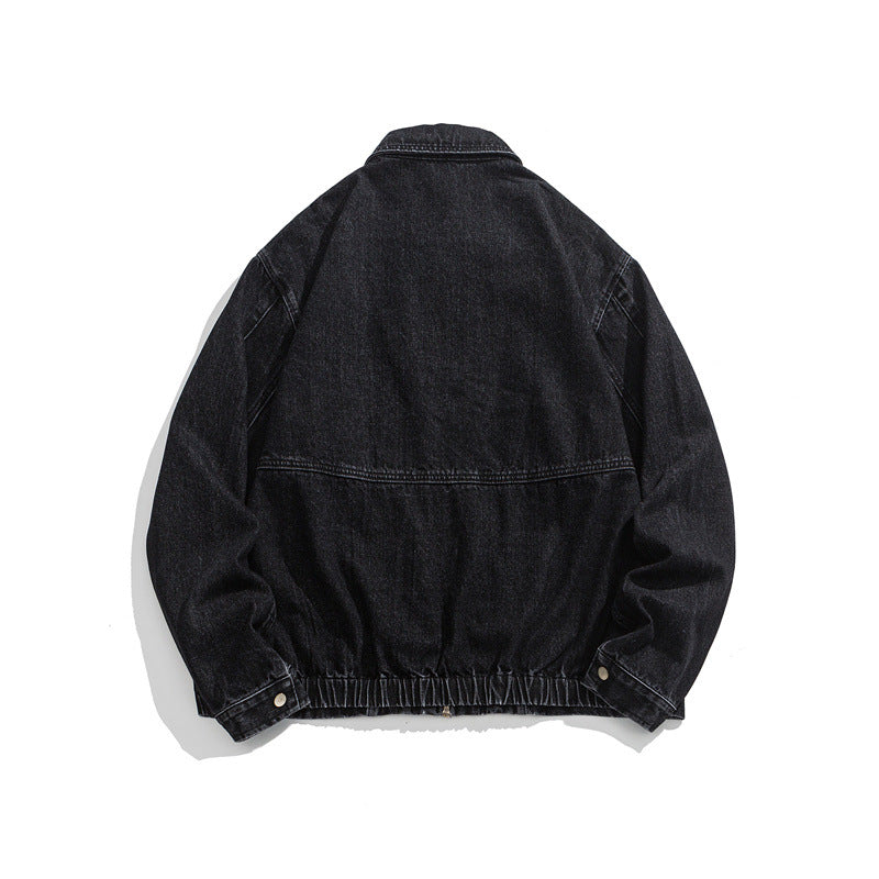 Unisex Kurz geschnittene Denim-Workerjacke mit durchgehendem Reißverschluss und kastiger Silhouette Shop Nory