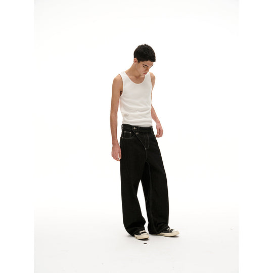 Damen High‑Waist weite Denim‑Hose mit asymmetrischer Knopfleiste und Kontrastnähten Shop Nory