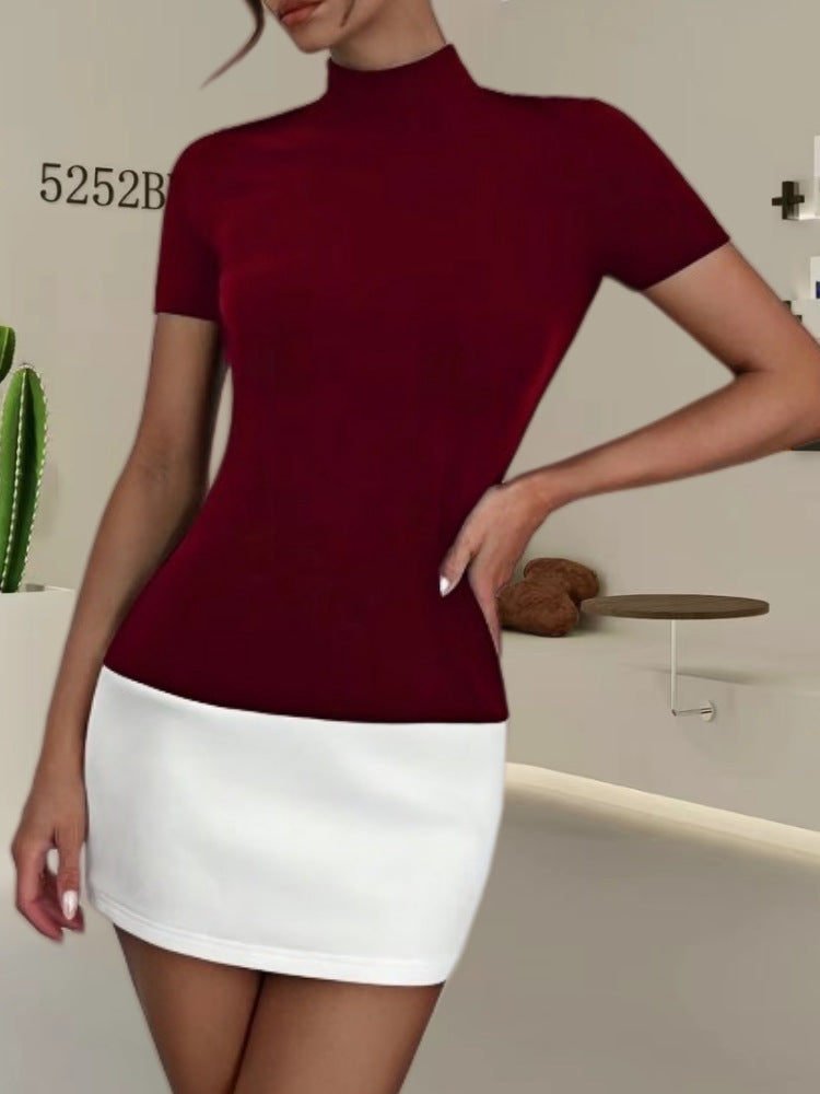 Damen figurbetontes T-Shirt mit Stehkragen und kurzen Ärmeln Shopnory