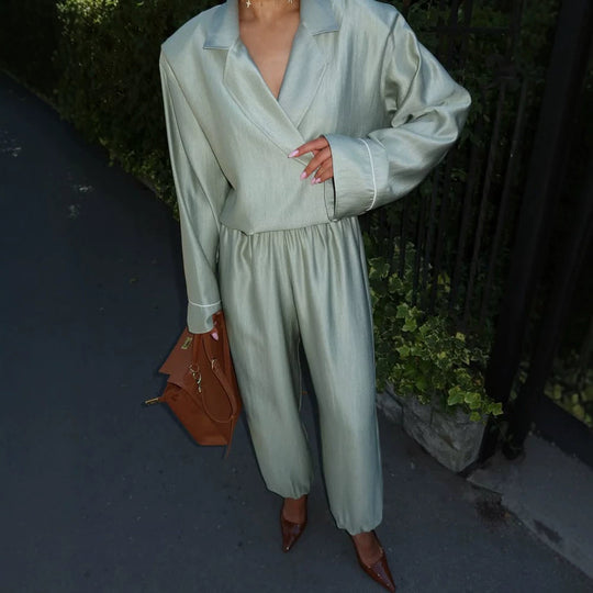 Damen Satin-Zweiteiler mit Wickelbluse, weiten Hosen und elastischem Bund Shop Nory