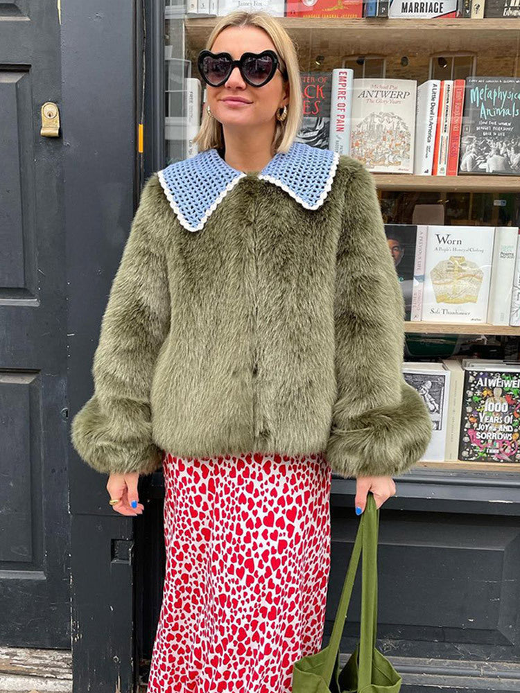 Damen Kurze Kunstpelzjacke mit markantem Häkelkragen Shop Nory