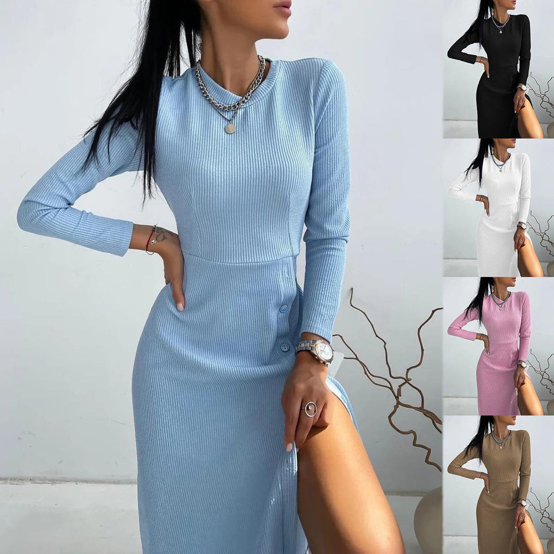 Damen Geripptes A‑Linien Kleid mit Rundhalsausschnitt, langen Ärmeln und seitlicher Knopfleiste Shop Nory