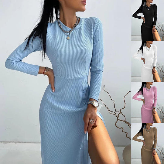 Damen Geripptes A‑Linien Kleid mit Rundhalsausschnitt, langen Ärmeln und seitlicher Knopfleiste Shop Nory