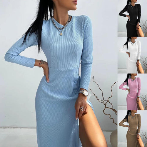 Damen Geripptes A‑Linien Kleid mit Rundhalsausschnitt, langen Ärmeln und seitlicher Knopfleiste Shop Nory