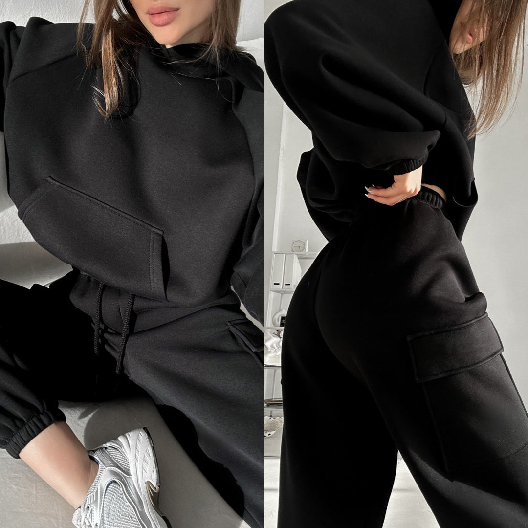 Damen oversized Hoodie mit Kängurutasche und Cargo-Jogginghose Set Shop Nory