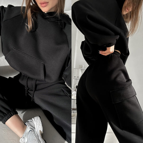Damen oversized Hoodie mit Kängurutasche und Cargo-Jogginghose Set Shop Nory
