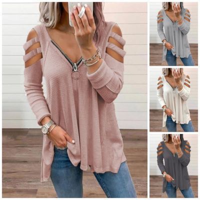 Damen lässiges Oberteil mit modischen Cut-Out-Details und Reißverschluss Shopnory