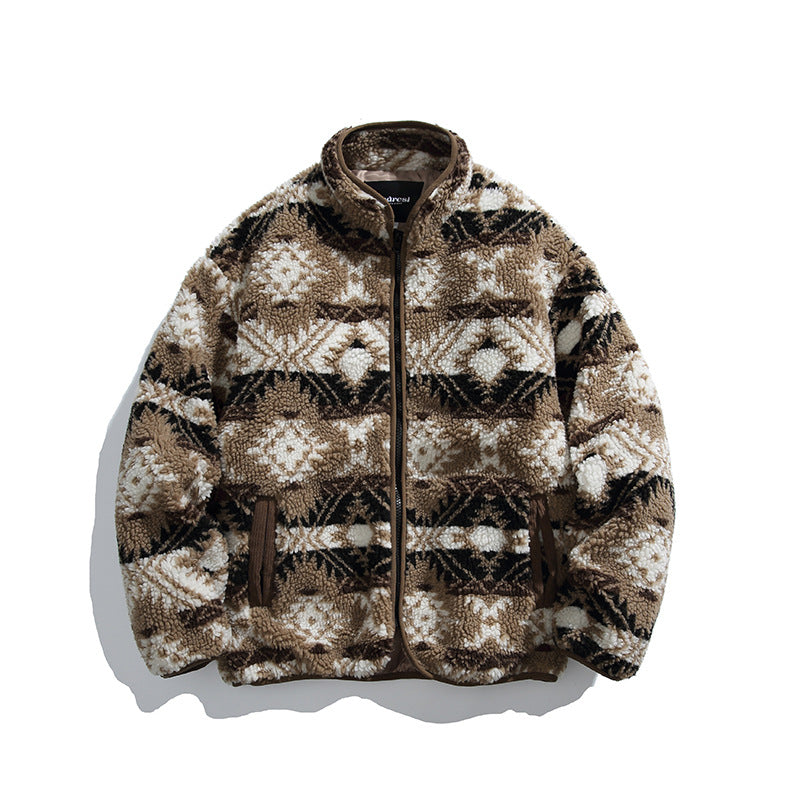 Unisex Teddy-Fleecejacke im Aztekenmuster mit Stehkragen und durchgehendem Reißverschluss Shop Nory