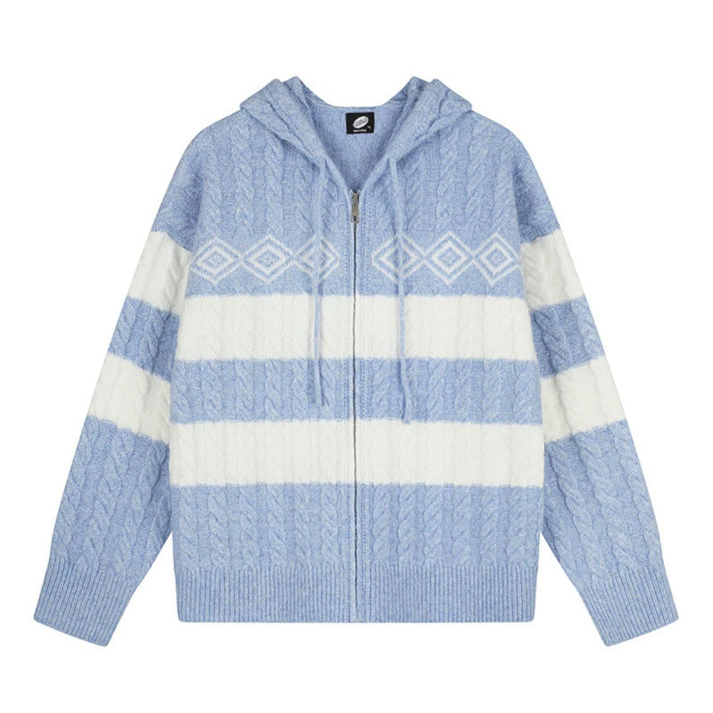 Damen Grobstrick-Kapuzencardigan mit Zopfstrick, Blockstreifen und durchgehendem Reißverschluss Shop Nory