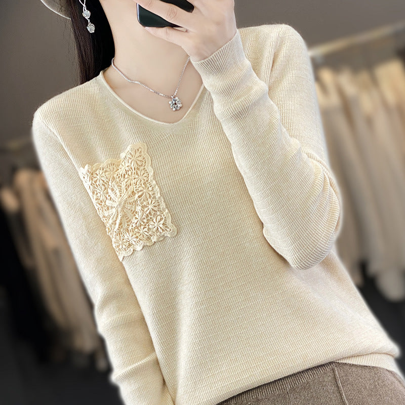 Damen Kaschmir‑Optik V‑Ausschnittpullover mit floraler Häkelapplikation Shop Nory