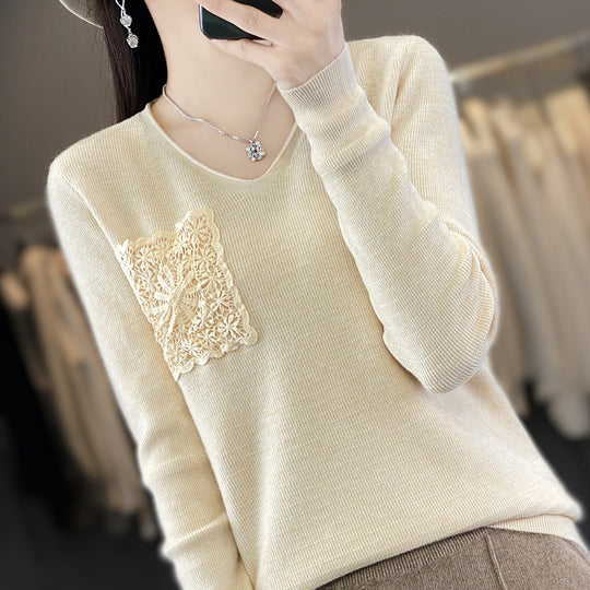 Damen Kaschmir‑Optik V‑Ausschnittpullover mit floraler Häkelapplikation Shop Nory
