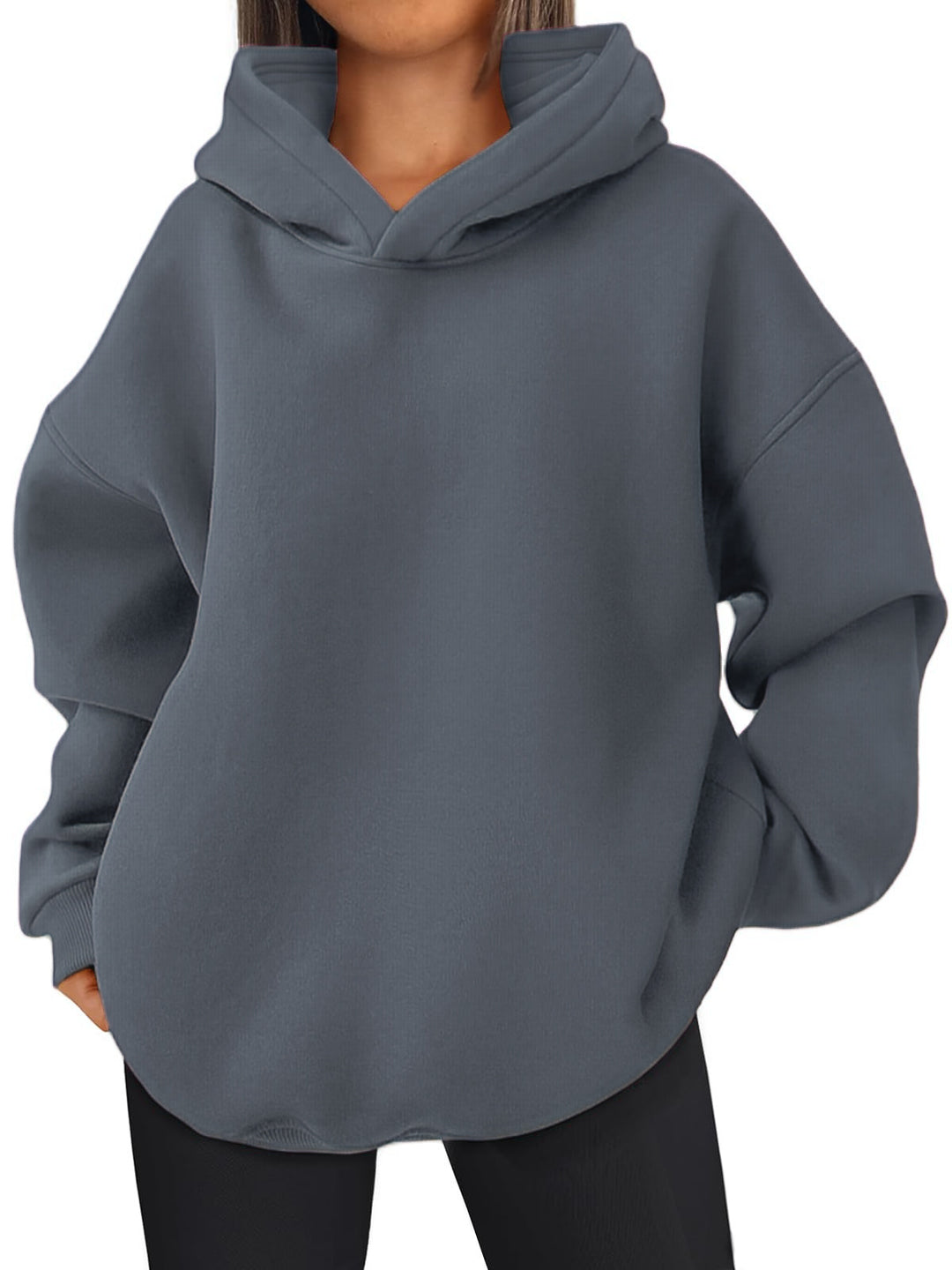 Damen nan kastiger Kapuzenpullover mit doppellagiger Kapuze, überschnittener Schulter und längerem Rückenteil Shop Nory