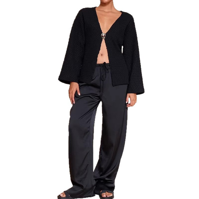 Damen Strukturierter Waffelstrick-Cardigan mit tiefem V‑Ausschnitt, Ein-Knopf-Verschluss und lässigen Oversize-Ärmeln Shop Nory