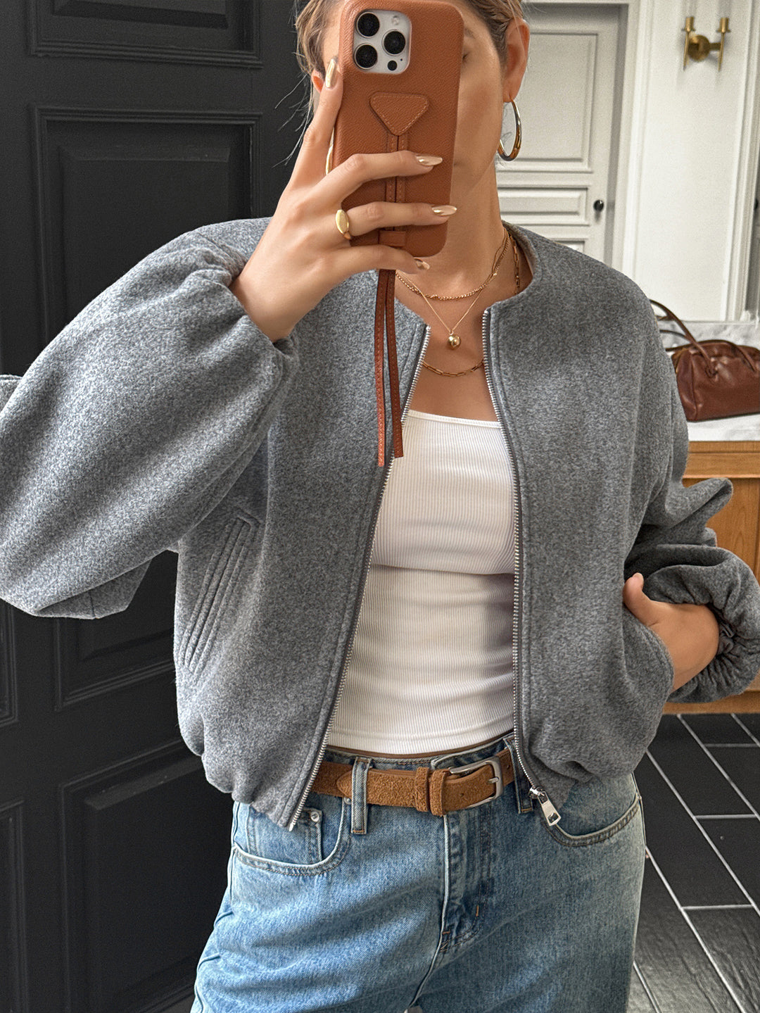 Damen nan kurze kuschelige Bomberjacke mit durchgehendem Reißverschluss, elastischem Saum und verdeckten Eingrifftaschen Shop Nory