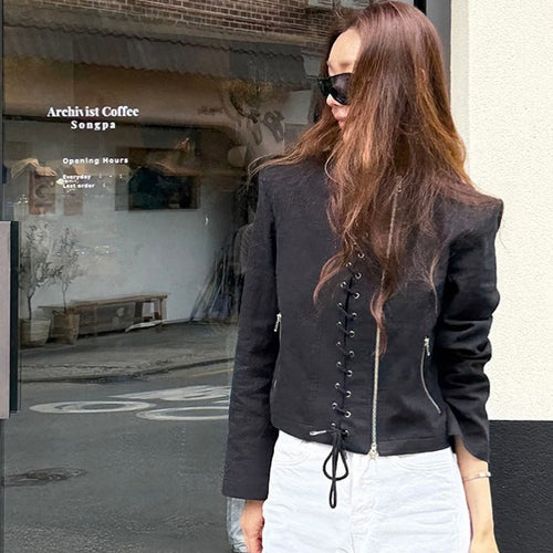Damen Kurz geschnittene Schnür-Bikerjacke mit asymmetrischem Reißverschluss Shop Nory