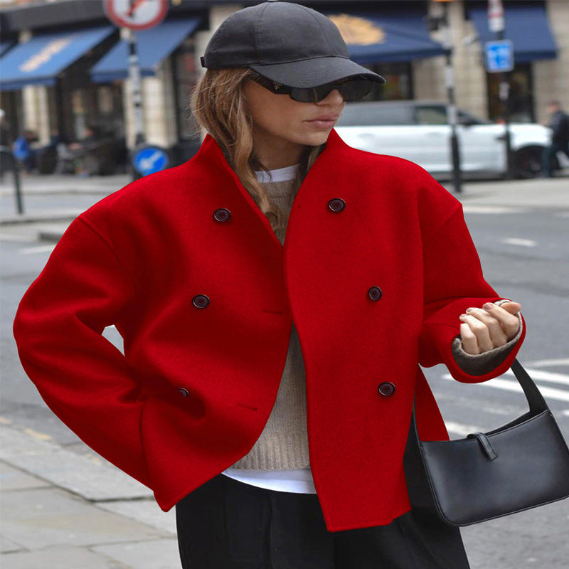 Damen Kurz geschnittener Oversize-Wollmantel mit doppelreihiger Knopfleiste und Stehkragen Shop Nory