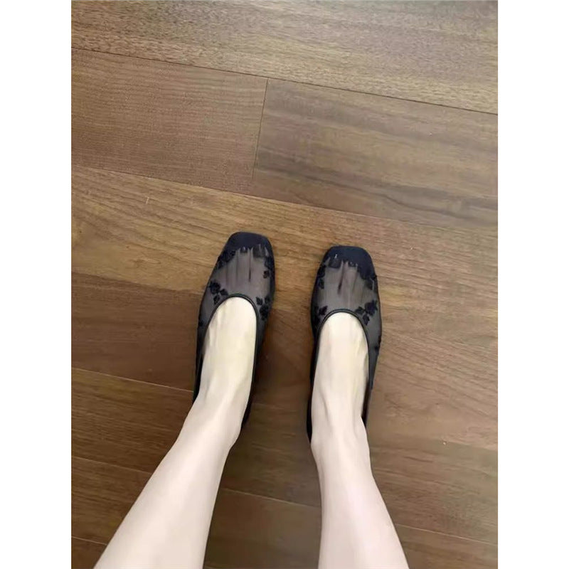 Damen Bestickte Mesh-Ballerinas mit quadratischer Zehenpartie und Rosenstickerei Shop Nory